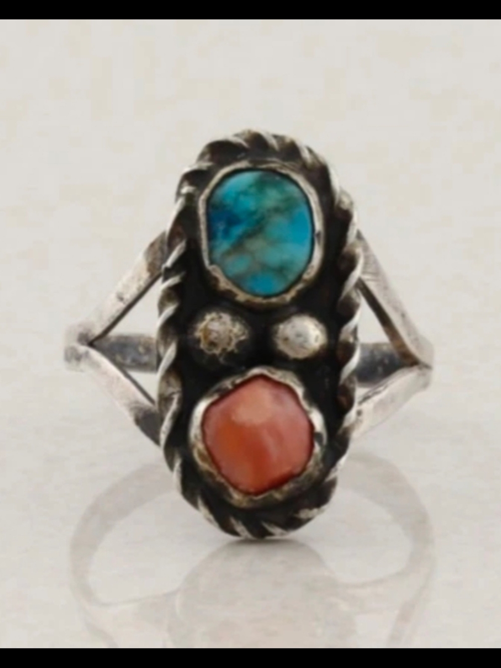Vintage Sterling Silver Turquoise and Coral Navajo-Style Ring